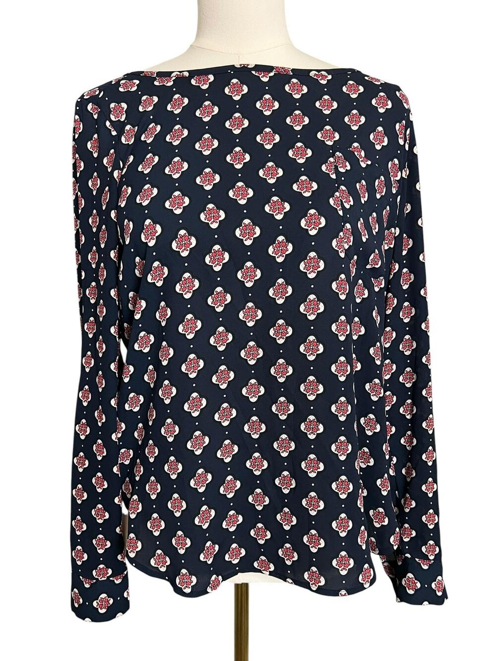 LOFT Blouse Womens Small Blue Floral Print Long Sleeve Boat Neck Top Casual